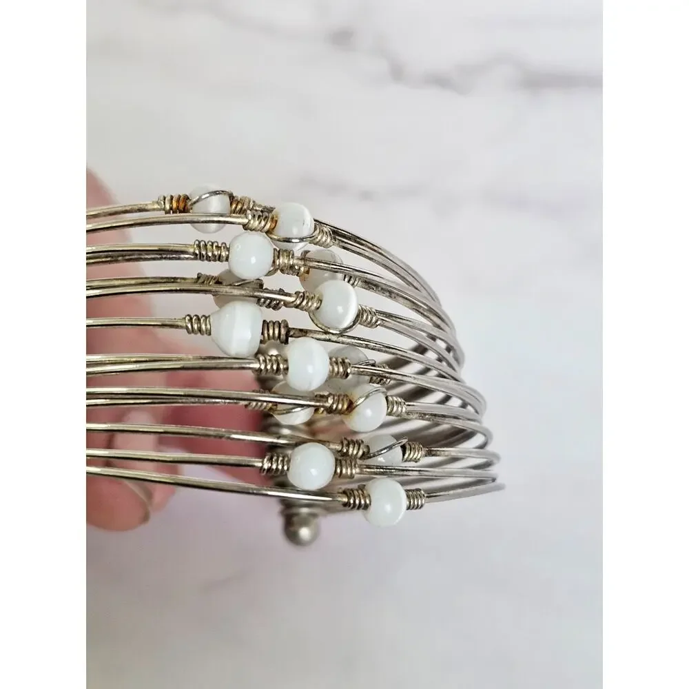 Vintage Multi-Strand Wire Wrap Open Cuff Bracelet White Beads Silver Boho 80s